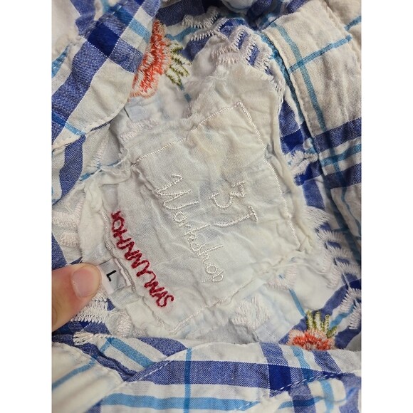 Johnny Was Women's Large Poplin Shirt Dress Tunic Plaid Embroidered Floral - Picture 10 of 15